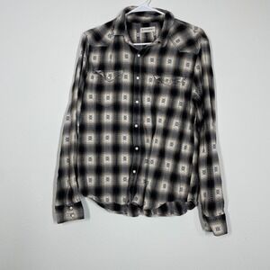 Lucky Brand Snap Down Shirt Men M Plaid Embroidery‎ Casual Lightweight Western